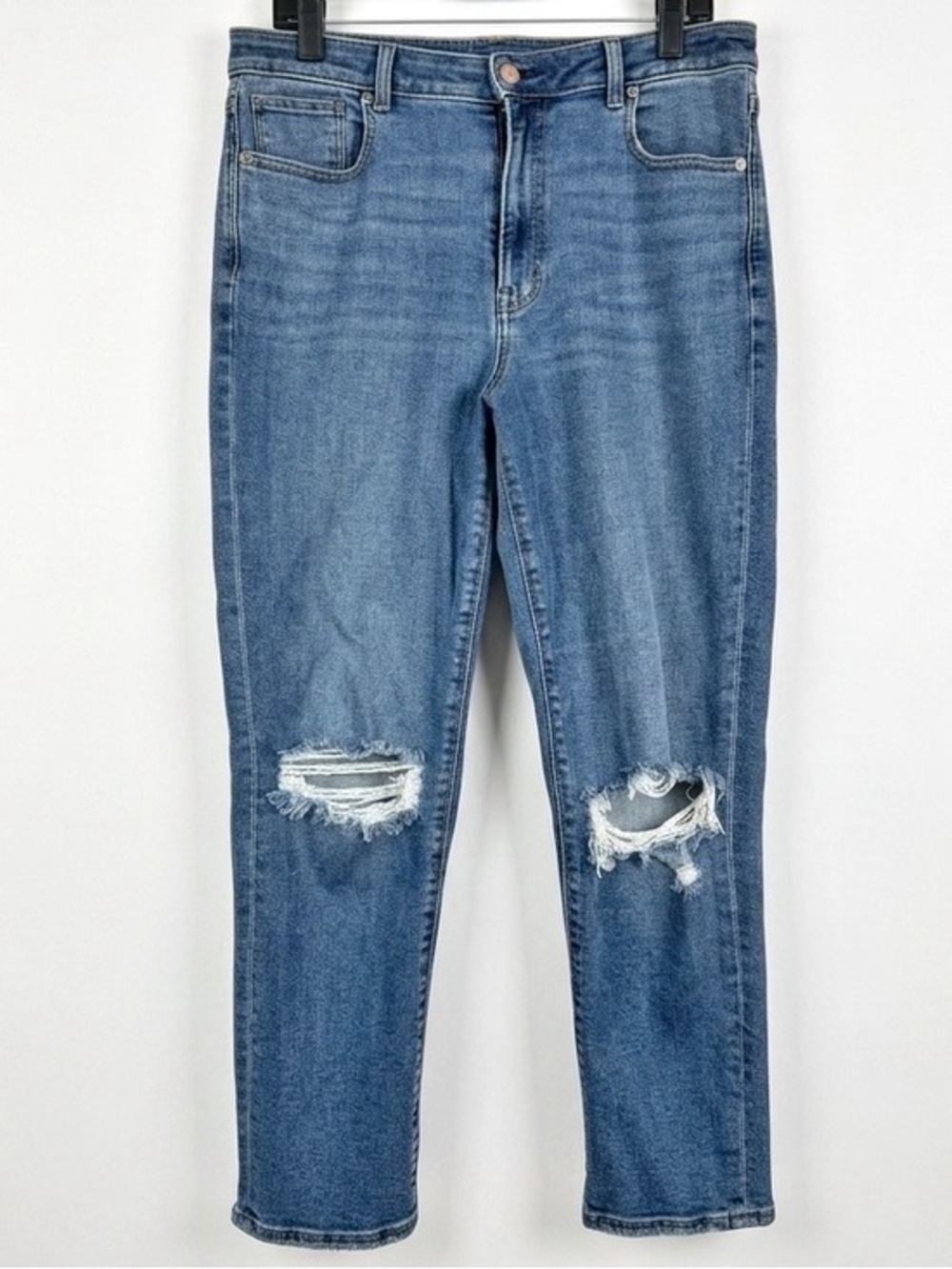 American Eagle Stretch High Rise Mom Jeans Distressed Medium Blue Wash Size 12